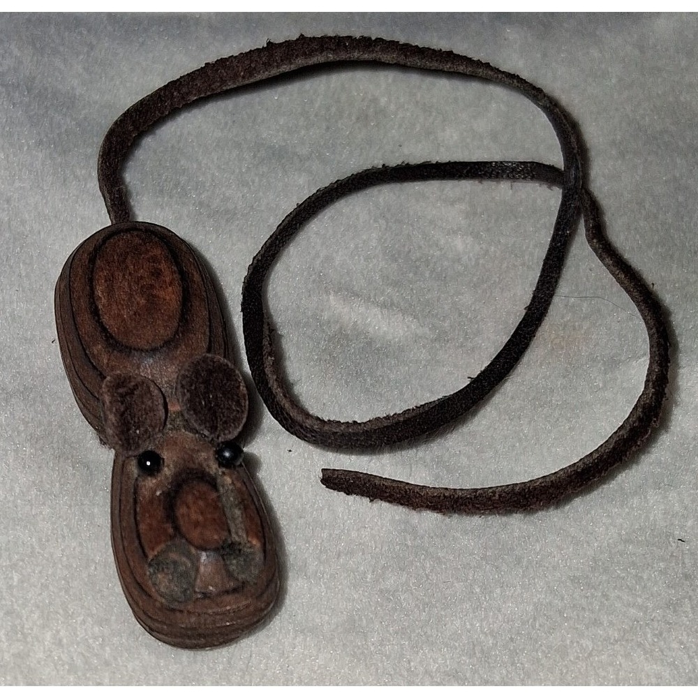 Vintage Wood Mouse Figurine with Long Leather Tail Rustic Folk Art